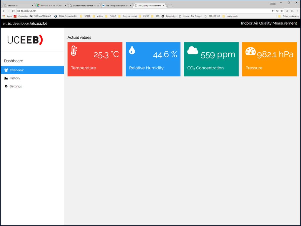 Uživatelské rozhraní Senzor umožňuje přístup k aktuálním měřeným hodnotám pomocí webserveru nebo umožňuje zasílání měřených hodnot pomocí MQTT serveru do databázových systémů.