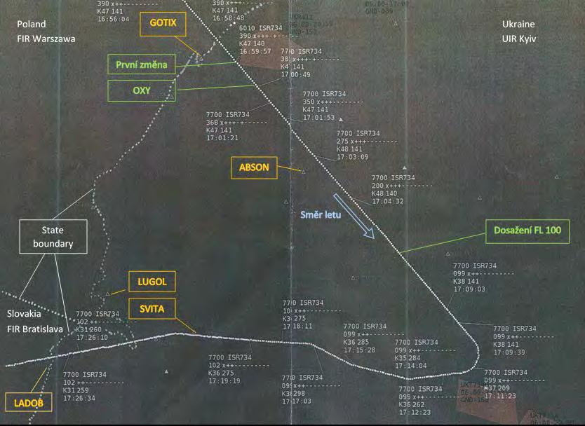 Poznámka k Tab. 1: Time Status 16:20:42 Vzlet 16:55:00 Dosažení FL390 16:55:19 Signalizace MC. Kontrola systému přetlakování posádkou. 16:59:38 Signalizace MC.