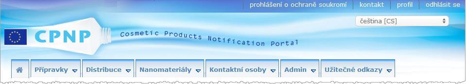 Představení rozhraní Úvodní stránka portálu CPNP Úvodní stránka a další obrazovky se v závislosti na uživatelském profilu (tj. odpovědná osoba či distributor) mohou mírně lišit.
