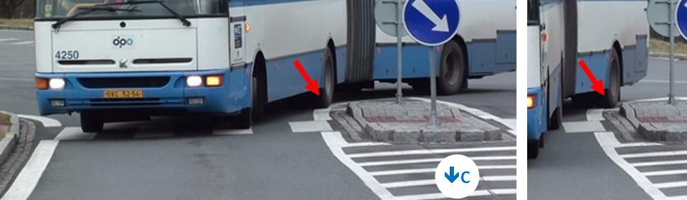 prostoru mezi ochranný ostrůvek a nároží (viz výjezd C na obr. 2). V případě jízdy z ramene B do C (levé odbočení) chybně najetá vozidla obvykle najedou na dopravní stín ochranného ostrůvku (tj.