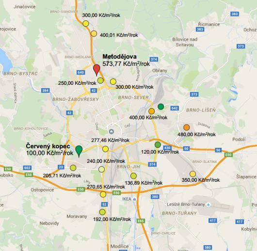 Na dalším obrázku je vyobrazeno cenové rozpětí nájemného inzerovaných pozemků v Kč/m 2 /rok. Nejvyšší nájemné bylo zjištěno na ulici Metodějova ve výši 573,77 Kč/m 2 /rok.