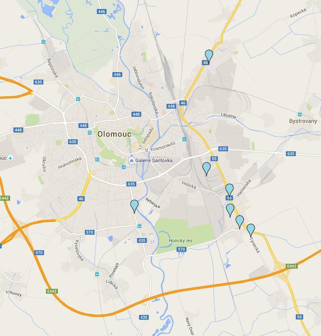 7.2 MĚSTO OLOMOUC Níže je zobrazeno rozmístění inzerovaných komerčních pozemků určených k pronájmu z databáze. Většina těchto komerčních pozemků se nachází v městské části Holice.