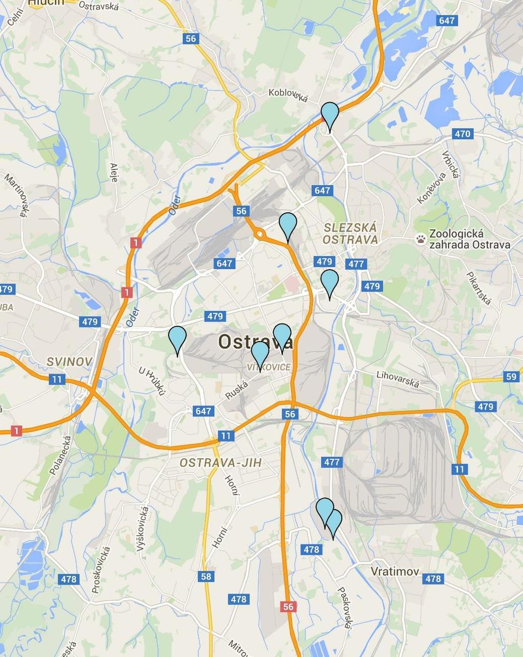 7.3 MĚSTO OSTRAVA Obrázek č. 9 zobrazuje rozmístění inzerovaných komerčních pozemků v databázi.