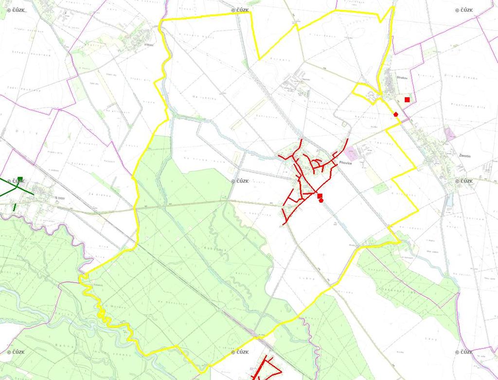 E. KANALIZACE A ČOV Mapa E1: Kanalizace - rozvody v obci Trasování sítí, lokalizace ČOV, čerpací stanice (ČS), výústě Obec: Pňovice Legenda: Kanalizace: Ochranné pásmo: Vyústění: do 2015 po 2015 I IA