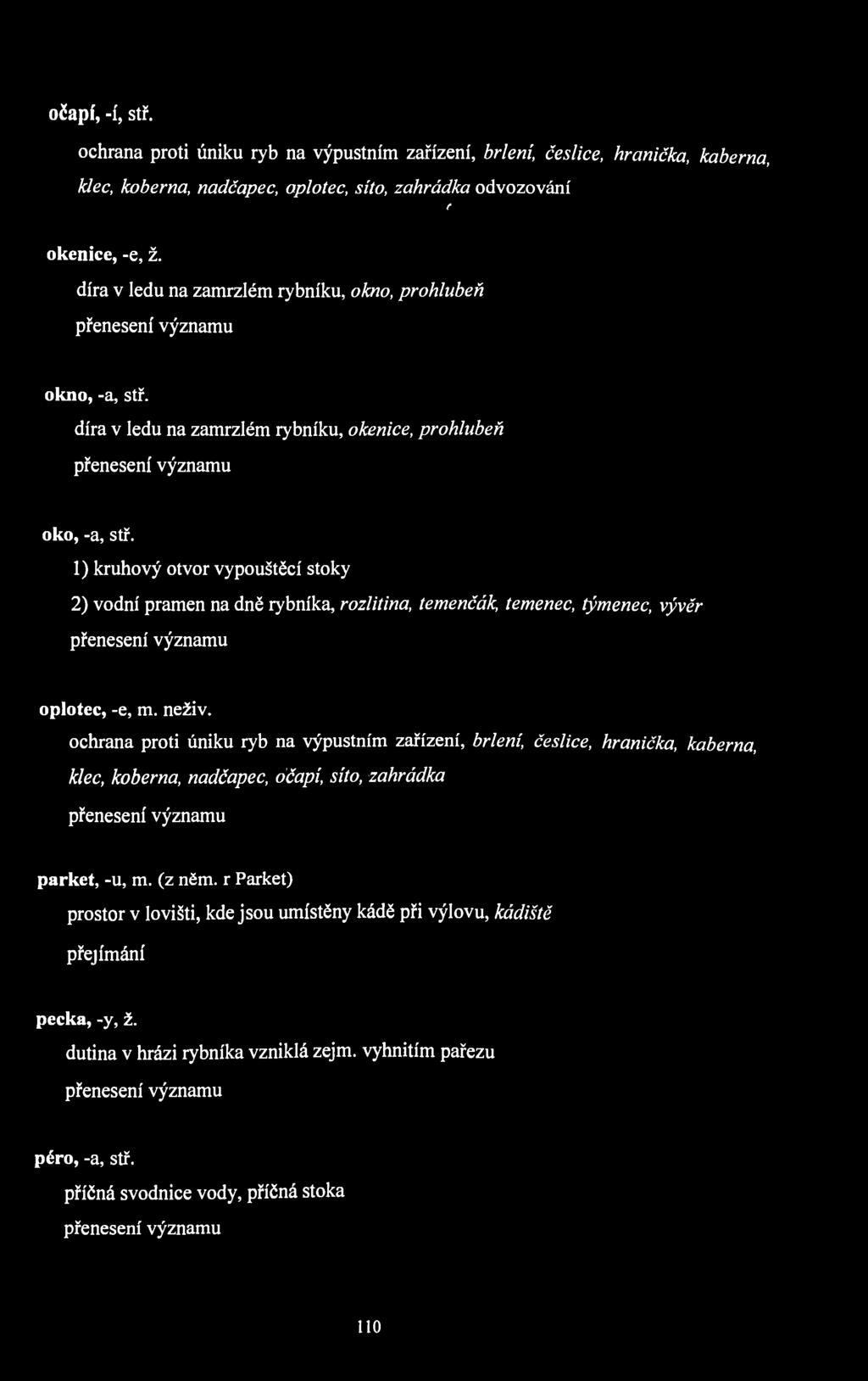 očapí, -í, stř. ochrana proti úniku ryb na výpustním zařízení, brlení, česlice, hrcinička, kaberna, klec, koberna, nadčapec, oplotec, síto, zahrádka t okenice, -e, ž.