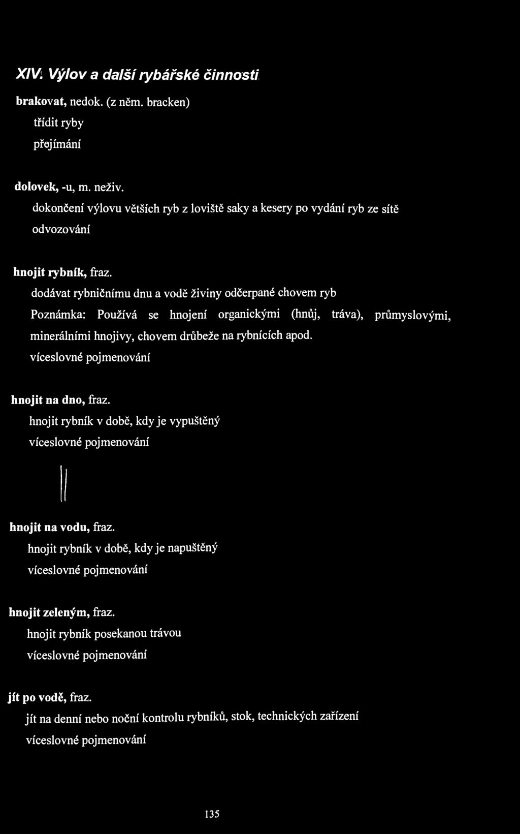 XIV. Výlov a další rybářské činnosti brakovat, nedok. (z něm. bracken) třídit ryby přejímání dolovek, -u, m. neživ.