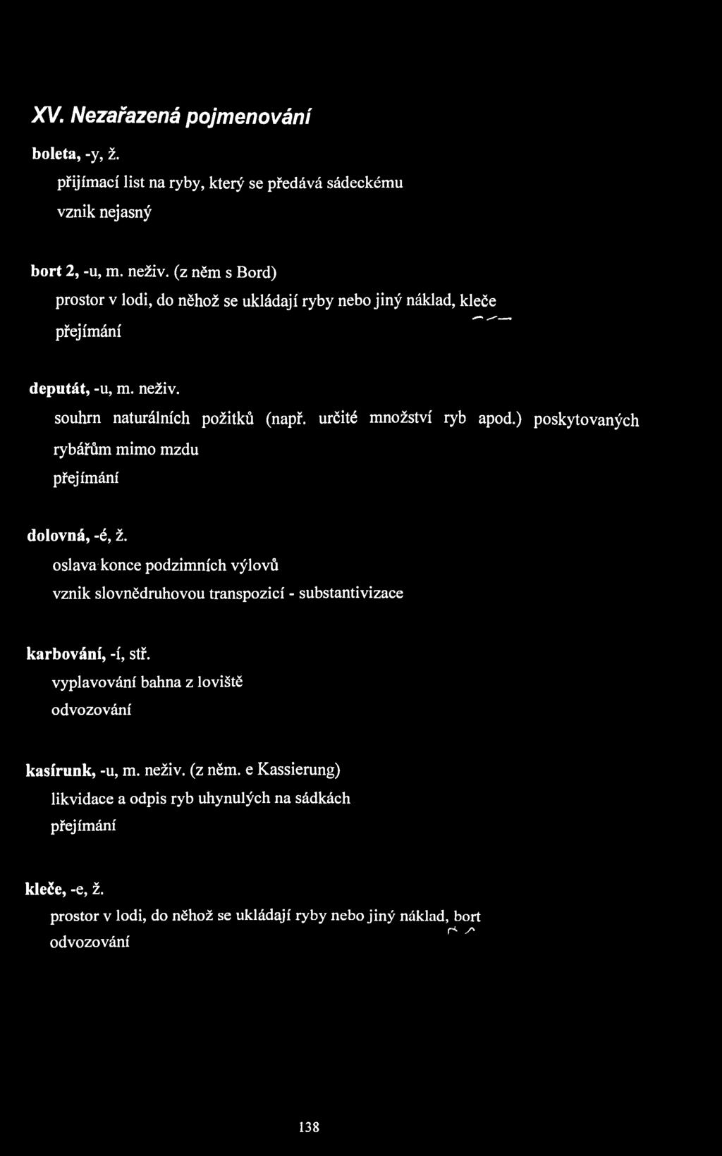 XV. Nezařazená pojmenování boleta, -y, ž. přijímací list na ryby, který se předává sádeckému vznik nejasný bort 2, -u, m.