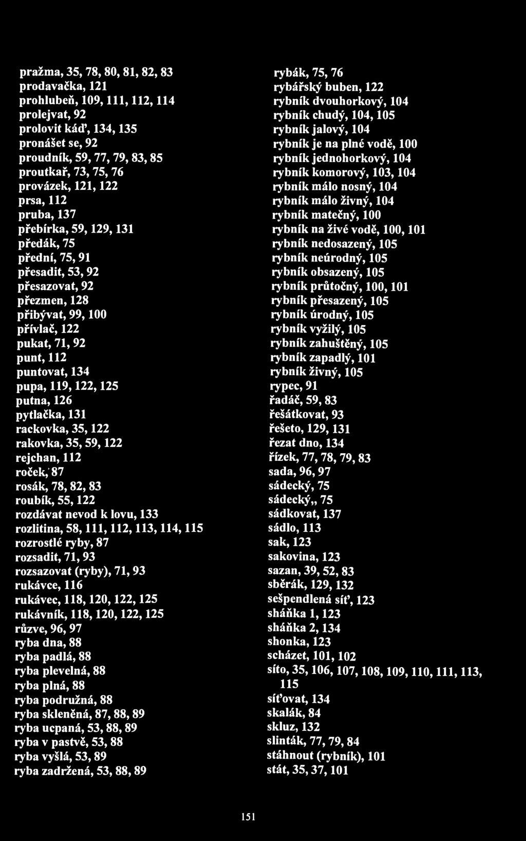 pražma, 35, 78,80,81,82,83 prodavačka, 121 prohlubeň, 109,111,112,114 prolejvat, 92 prolovit káď, 134,135 pronášet se, 92 proudník, 59, 77, 79,83, 85 proutkař, 73, 75, 76 provázek, 121,122 prsa, 112