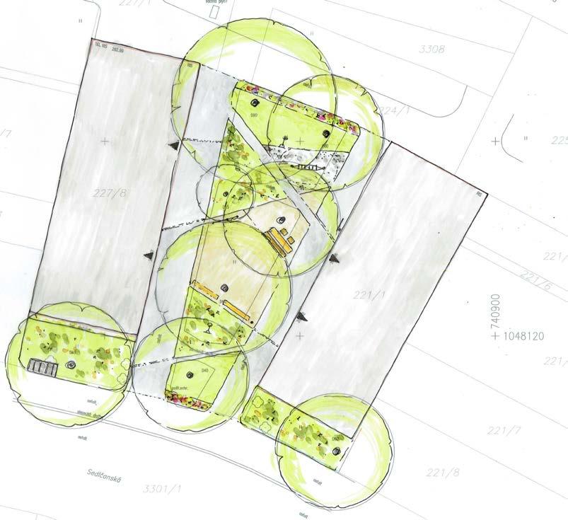trvalkový záhon stávající strom JIHLAVSKÁ ULICE N Á V R H Prostor je v návrhu rozdělen nepravidelnými geometrickými křivkami na jednotlivé funkční plochy.