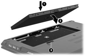 2. Vložte baterii (1) do bateriové pozice a otočte ji směrem dolů (2), až zapadne do správné polohy. Uvolňovací západka baterie (3) baterii automaticky zajistí. Vyjmutí baterie: 1.