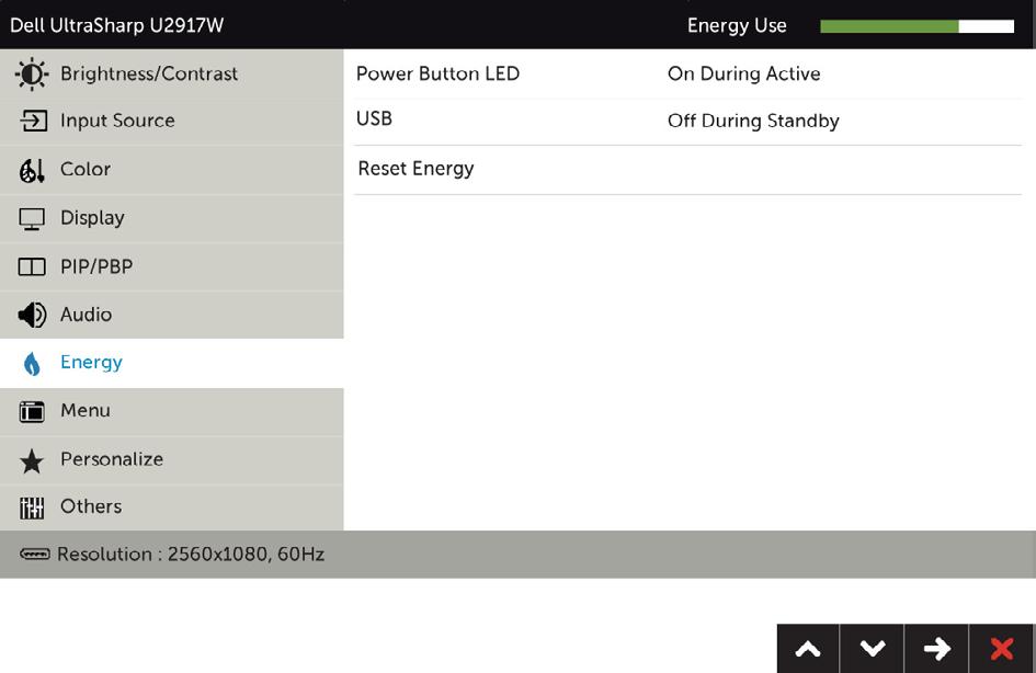 Ikona Nabídka a podnabídky Energie Popis Indikátor LED napájení USB Obnovit nastavení napájení Umožňuje nastavit stav indikátoru napájení pro úsporu energie.