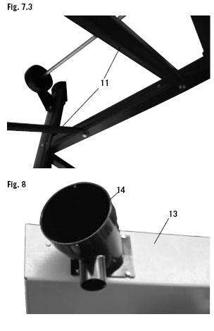 Obr. 8. Prvek odsávání (14) namontujte na spodní ochranu kotouče (13) pomocí čtyř šroubů M4x10. Obr. 9. Na zadní nohy ( 4 a 5) namontujte kola (16).