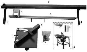 Technicképarametry Délka vodící kolejnice Brzda s uhelníkem rozp tí Max. ší ka ezu p inamontovaném p ídavném stolu Váha 960mm 0 48 stup 300mm 8 kg Obsah balení, obr. 1. 1. Posuvný st l 2.