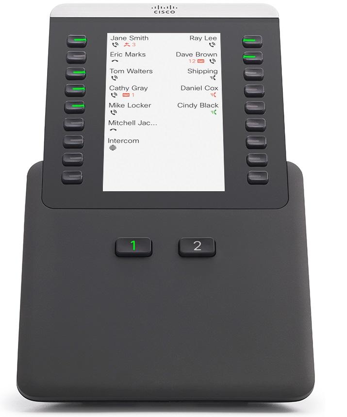 Připojení rozšiřujícího modulu tlačítek k telefonu Cisco IP Phone Rozšiřující moduly tlačítek Režim dvou sloupců Ve dvousloupcovém režimu je každé tlačítko vlevo a vpravo od obrazovky přiřazeno jiné