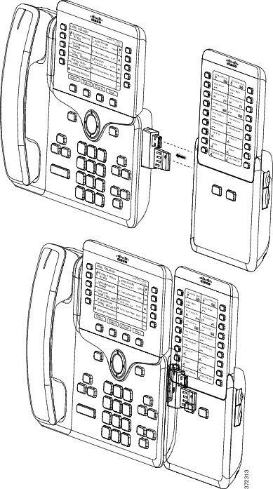Rozšiřující moduly tlačítek Připojení rozšiřujícího modulu tlačítek k telefonu Cisco IP Phone Krok 8 Krok 9 Krok 10 (Nepovinné) Použijte jehlicový konektor druhého rozšiřujícího modulu tlačítek k