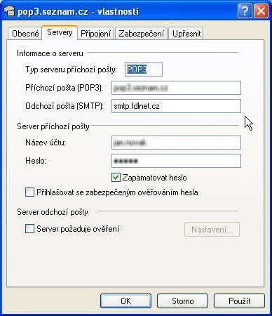 Nyní je nutné nastavit do položky Odchozí pošta (SMTP) smtp.fdlnet.cz. Dále NESMÍ být zaškrtnuto pole Server požaduje ověření. Všechny ostatní položky ponechte nezměněné!