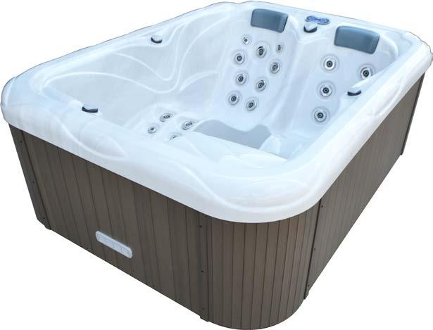 3 mm silná antibakteriální akrylátová vrstva ABS polymerová vrstva o síle 5mm, zvyšuje pevnost a odolnost akrylové vrstvy Plastový obklad vířivky Fitt Spa vypadá jako dřevo, ale nevyžaduje péči,