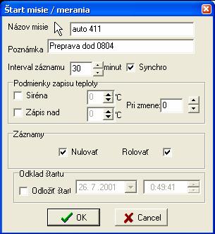 Názov misie nesmie obsahovať znaky / \,. pretože názov misie je súčasne aj názov súboru kam sa ukladajú záznamy. Interval záznamu sa uvádza v minútach.