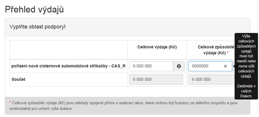 Obrázek Přehled výdajů Celkové výdaje (Kč) povinná položka zadávejte v celých číslech Celkové způsobilé výdaje (Kč) povinná položka