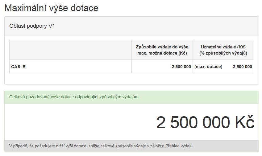 4.6 Záložka Výše dotace Po kompletním vyplnění záložky Hodnocení se pomocí tlačíka nebo prostřednictvím nabídky záložek v pravém horním rohu