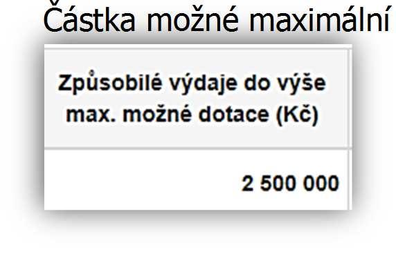 V záložce Výše dotace se automaticky vypočte pro tuto oblast podpory maximální výše dotace tj. 2 500 000 Kč.