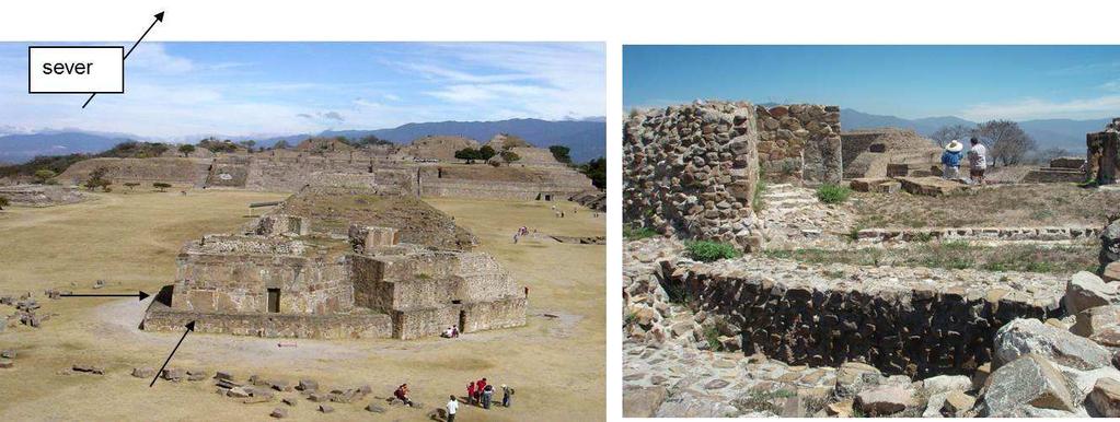 (a) (b) (c) Obr. 9. (a) Zapotécká lokalita Monte Albán (MA) u města Oaxaca. Označené stěny (viz šipky) struktury J jsou orientovány přesně SJ a VZ. Na obr.