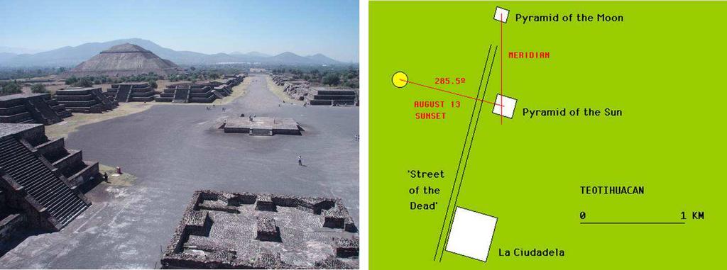 Obr. 10. Teotihuacán. Třída mrtvých z Pyramidy Měsíce, Pyramida Slunce je v pozadí vlevo. Foto c J. Klokočník, 2010.