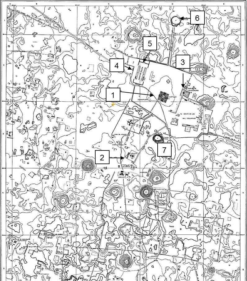 Obr. 1. Archeologický areál v Chichén Itzá. Se svolením Joela Skidmora ( c US mapping, 2001). Sever je směrem šipky. 2.2.1. Chichén Itzá (ϕ = 20 41 S,λ = 88 34 Z) jsou rozsáhlé ruiny mayského města na poloostrově Yucatan z období asi 600 1200 n.