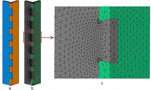 Celkový model ozubového spoje V druhém modelu/analýze se již jednalo o výpočet namáhání celého rohového spoje s více ozuby a rybinami, viz Obr. 3. Model je postaven tak, že umožňuje zadat počet rybin.
