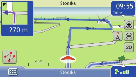 Popis základních obrazovek přístroje Obrazovka Mapa Obrazovka Mapa je výchozím zobrazením navigační aplikace v přístroji Mio.