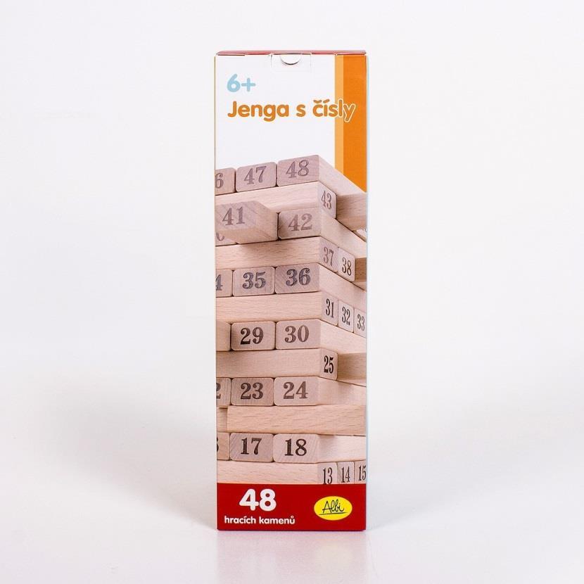 Jenga s čísly Obměna klasické hry JENGA, kde jsou na dřevěných kamenech čísla a obsahem hry jsou i hrací kostky. Můžete hrát základní hru JENGA, nebo použít kostky a pohrát si s čísly.