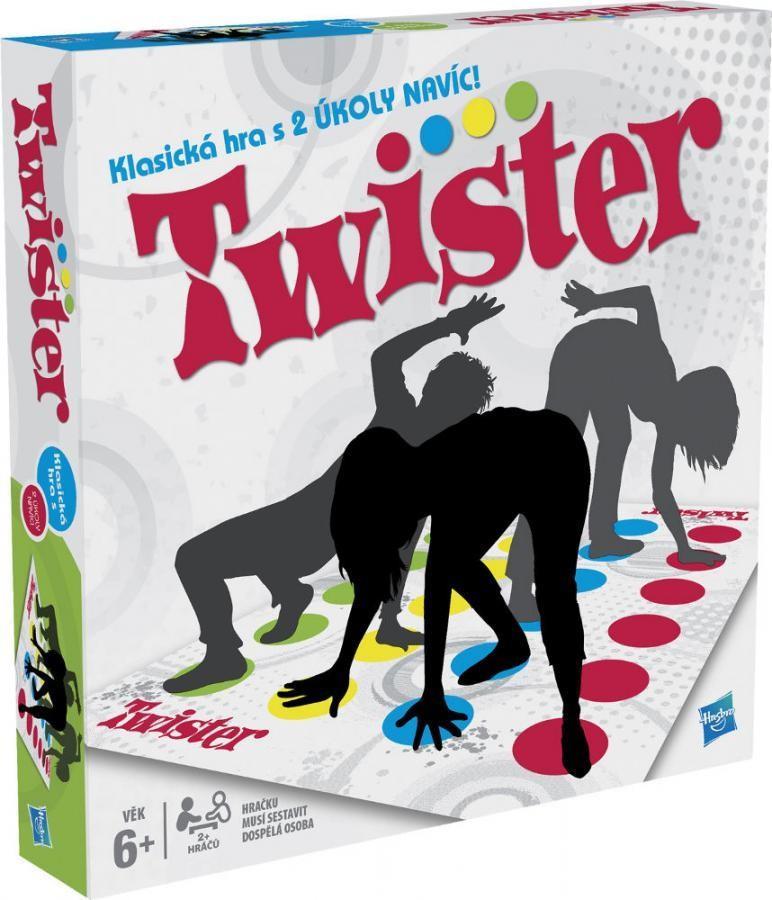 Twister Společenská hra Twister doslova zauzluje vaše tělo a proplete jej s vašimi spoluhráči. Pravá ruka na modrou, levá nohu na zelenou? To je teprve začátek.
