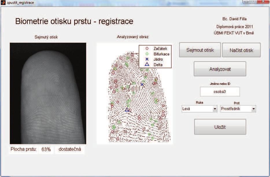 B REALIZACE V PROSTŘEDÍ MATLAB B.1 Biometrie otisku prstu registrace Tento program se otevře, pokud je spuštěn m-file spustit_registrace.m. Pomocí této aplikace se do databáze ukládají nové šablony.