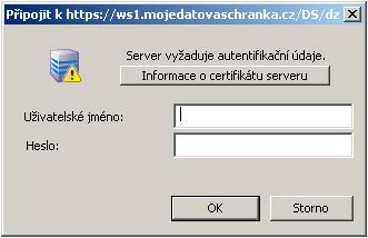 Zobrazí se tabulka, do které vyplníte uživatelské jméno a heslo sloužící k přihlášení do Vaší datové schránky a údaje potvrdíte tlačítkem OK.