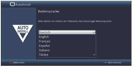 Jazyk menu > Při startu asistenta instalace se zprvu objeví okno pro volbu jazyka menu > Označte tlačítky šipek požadovaný jazyk. Odpovídaje této volbě bude nastaven automaticky jazyk zvuku.