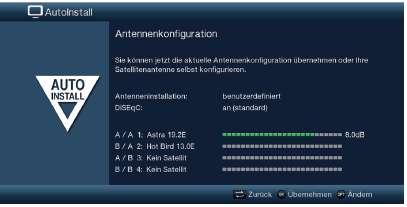 Konfigurace antény V tomto bodu asistenta instalace můžete přizpůsobit nastavení Vašeho digitálního přijímače ke konfiguraci Vaší antény.