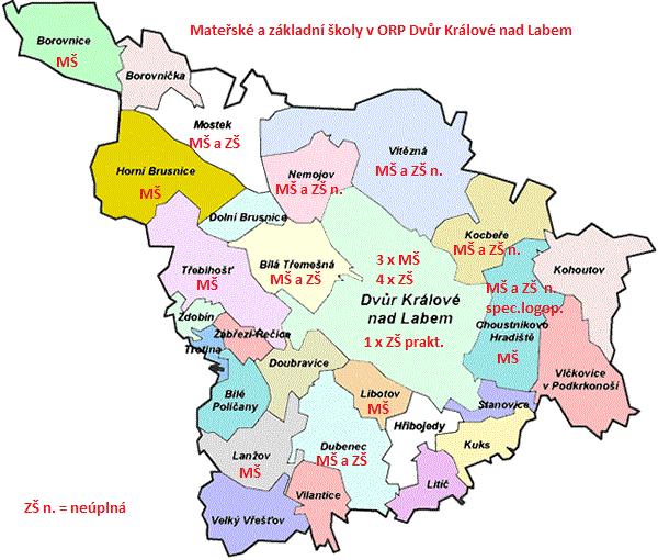 Obrázek 2 Mateřské a základní školy v ORP Dvůr Králové nad Labem - mapka 3. MATEŘSKÉ ŠKOLY Na území ORP Dvůr Králové funguje celkem 16 zařízení typu mateřské školy.