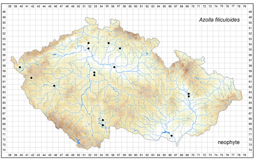 Author of the map: Zdeněk Kaplan, Libor Ekrt Map produced on: 06-02-2017 Distribution of Azolla filiculoides in the Czech Republic Database records used for producing the distribution map of Azolla