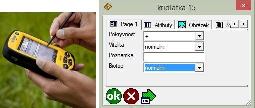 Obr. 7: Přístroj Trimble Juno 3D a ukázka grafického rozhraní formuláře ArcPad V programu ArcPad byl vytvořen projekt mapování výskytu křídlatek, který obsahoval formulář.