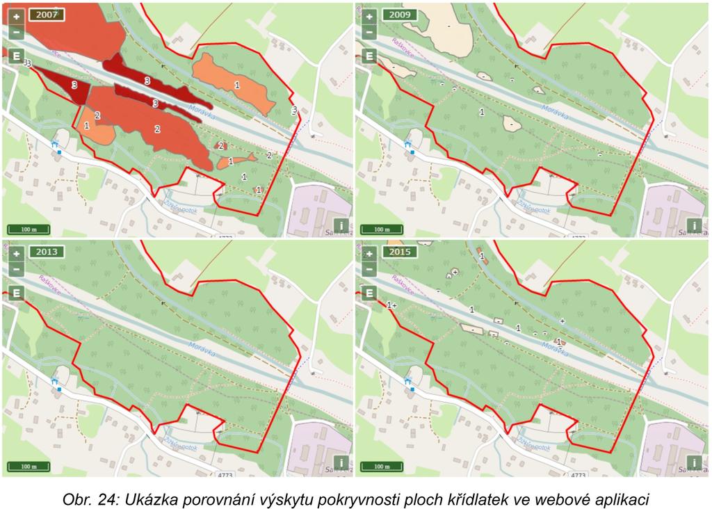 6.5 Porovnání výskytu ploch s křídlatkami ve webové aplikaci V této kapitole je ukázáno praktické použití webové aplikace na konkrétním příkladu při pozorování změn ve výskytu porostů křídlatek.