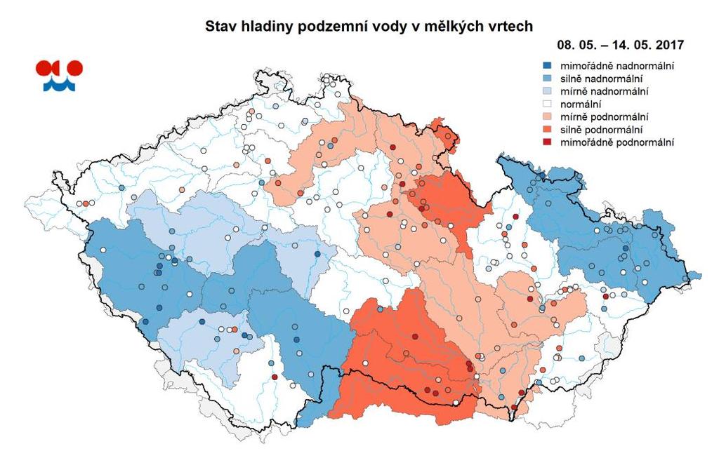E. Podzemní vody Stav podzemních vod je hodnocen podle pravděpodobnosti překročení hladiny ve vrtu v příslušném týdnu.