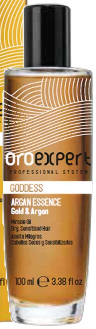 ARGAN ESSENCE GODDESS Zázračný vyživující olej Produkt: Nourishing Miracle Oil enriched with Argan Oil Vhodný na: suché a oslabené vlasy ph: any Aktivní ingredience: zlato, arganový olej, makadamiový