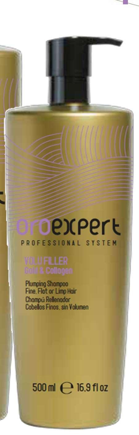VOLUME FILLER Šampon pro objem Lehké složení: zbytečně nezatěžuje vlasy Produkt: Šampon pro objem Vhodný na: jemné a zplihlé vlasy ph: 5,5 Aktivní ingredience: zlato, kolagen, rostlinné kmenové buňky
