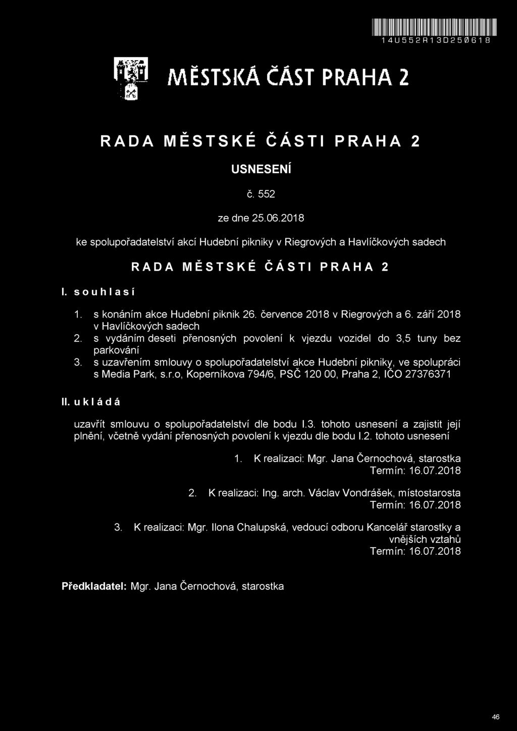 ukládá uzavřít smlouvu o spolupořadatelství dle bodu I.3. tohoto usnesení a zajistit její plnění, včetně vydání přenosných povolení k vjezdu dle bodu I.2. tohoto usnesení 1.