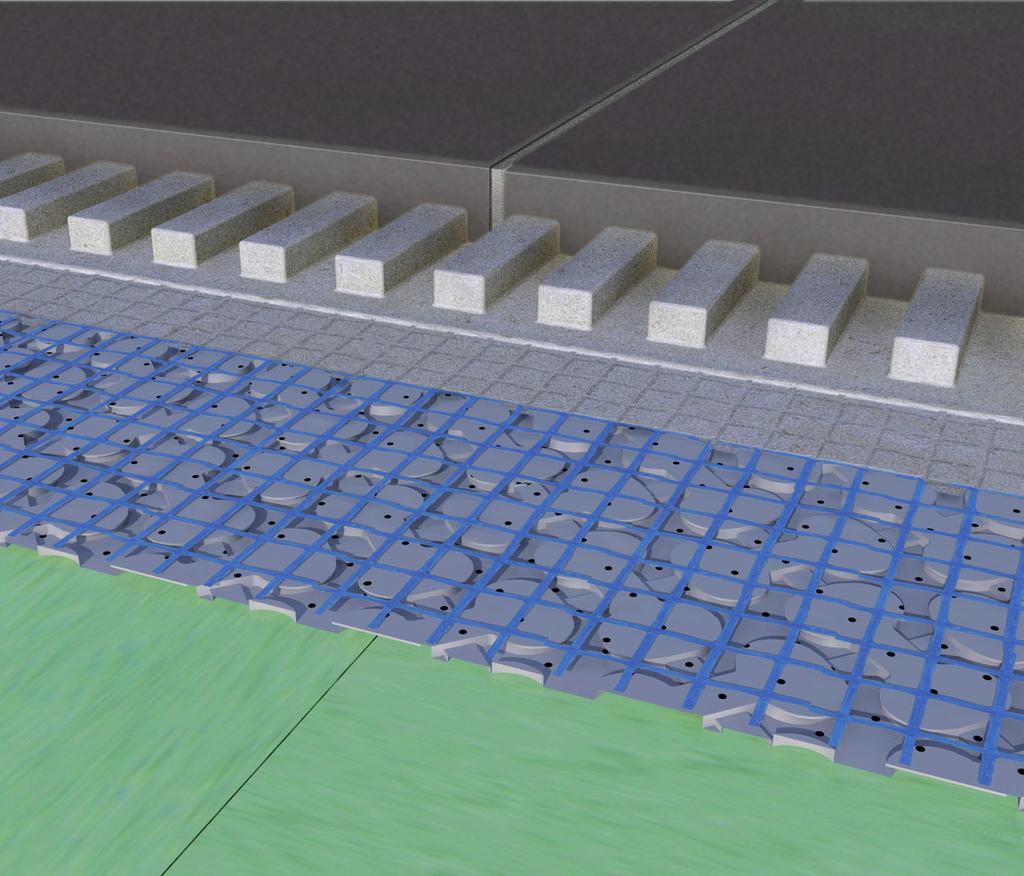 Podklad (zde: linoleum) 8 IndorTec FLEXBONE-2E volně položená separační rohož s armovacími vlákny Keramická dlažba nebo