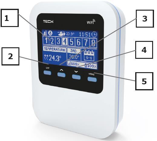 VI. Zobrazenie a popis hlavného displeja WiFi 8S 1. Displej riadiacej jednotky. 2. Tlačidlo EXIT.