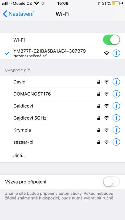 4.3. Připojení k WI-FI síti a) Na svém telefonu otevřete nastavení WI-FI sítě a vyhledejte WI-FI síť s názvem YM.