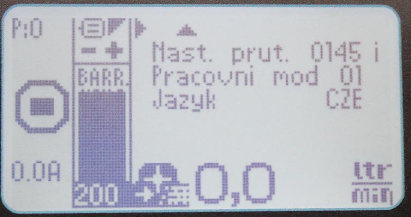 2 Nast. průt. Tato funkce se používá ke kalibraci půtokoměru. Je nastavena z výroby. Používá se, pokud skutečné množství nesouhlasí s údaji na obrazovce.