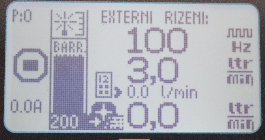 Pracovni mod - 05 Pokud je čerpadlo řízeno podle rychlosti stroje, nastavuje se počet pulzů, které dodává čidlo rychlosti. V tomto případě je hodnota 10 l/min. rozděleno do 100 pulzů.