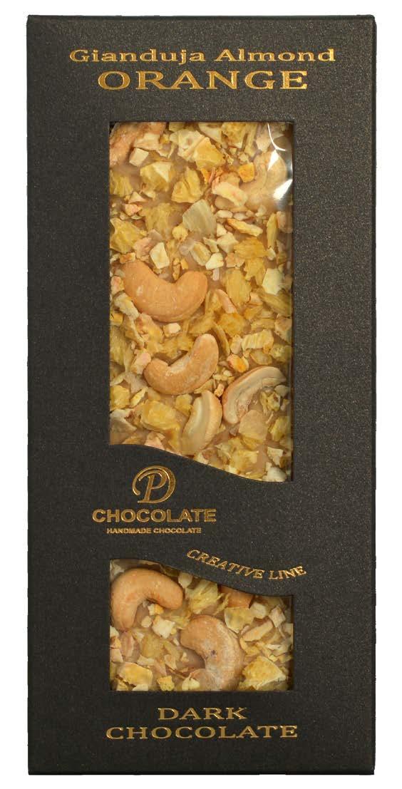 Tabuľková čokoláda Creativ Line ORANGE Čokoládovo-mandľová gianduja v horkej čokoláde 72% s kešu orechmi, sušeným